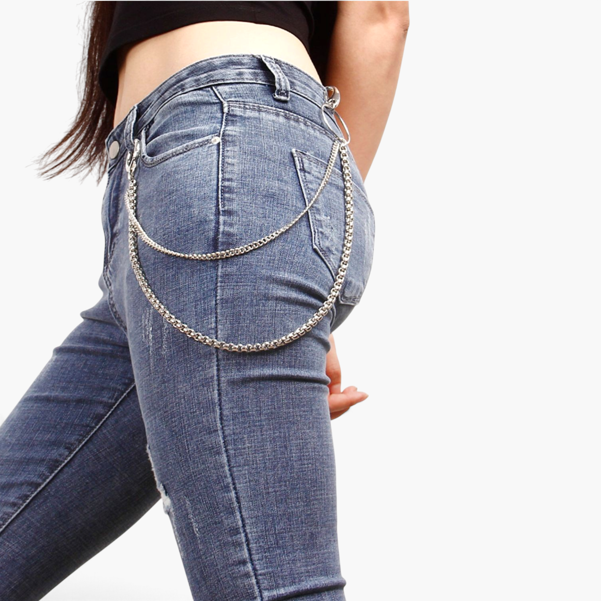 Beach Rose Co. silver double layer pants chain draped over blue denim jeans for a stylish edgy look