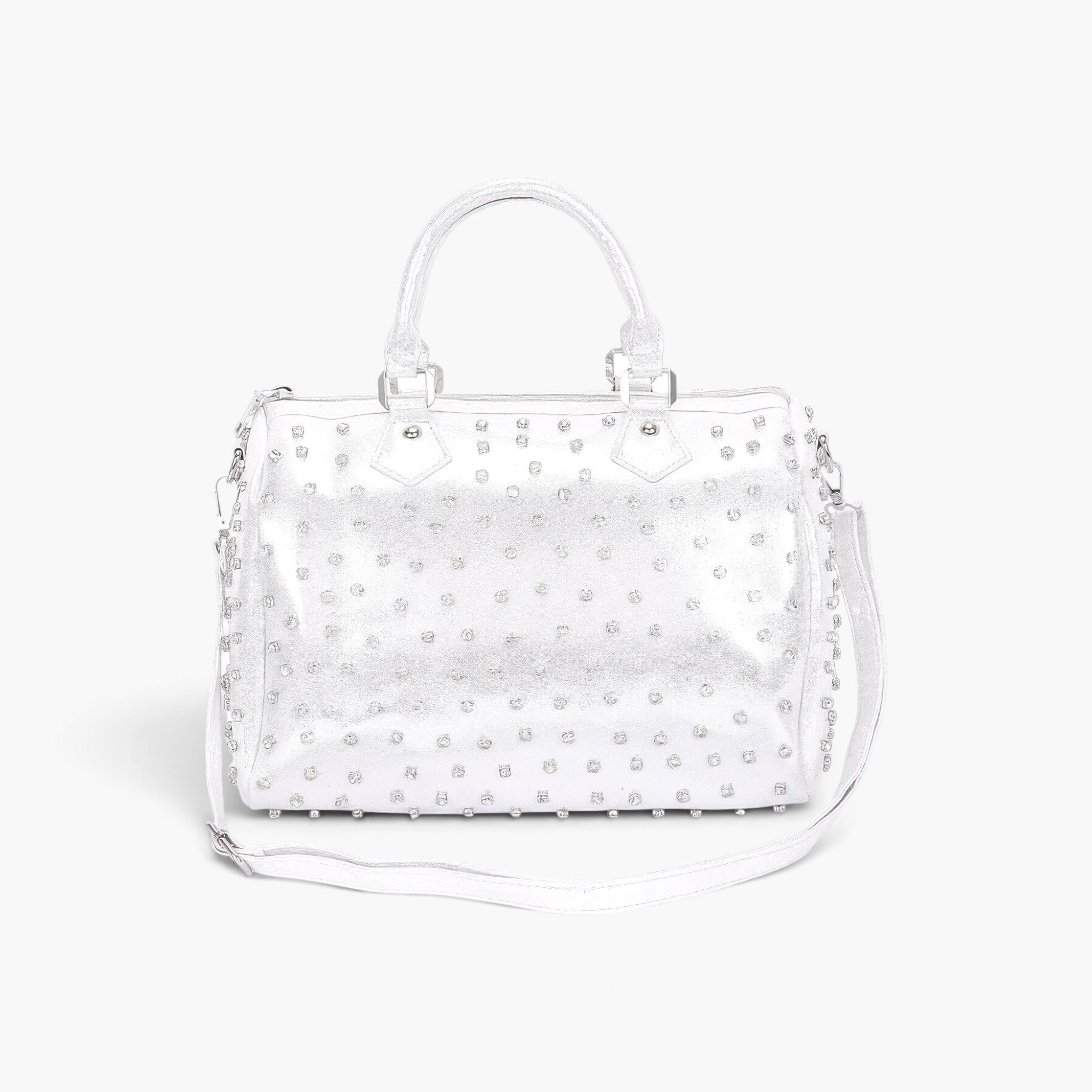 Beach Rose Co. silver bowling bag made of polyurethane with sparkling rhinestone studs and dual carry handles.