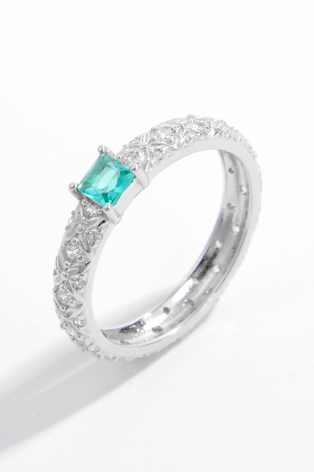 Beach Rose Co. - Silver Square Aqua Zircon Band Ring