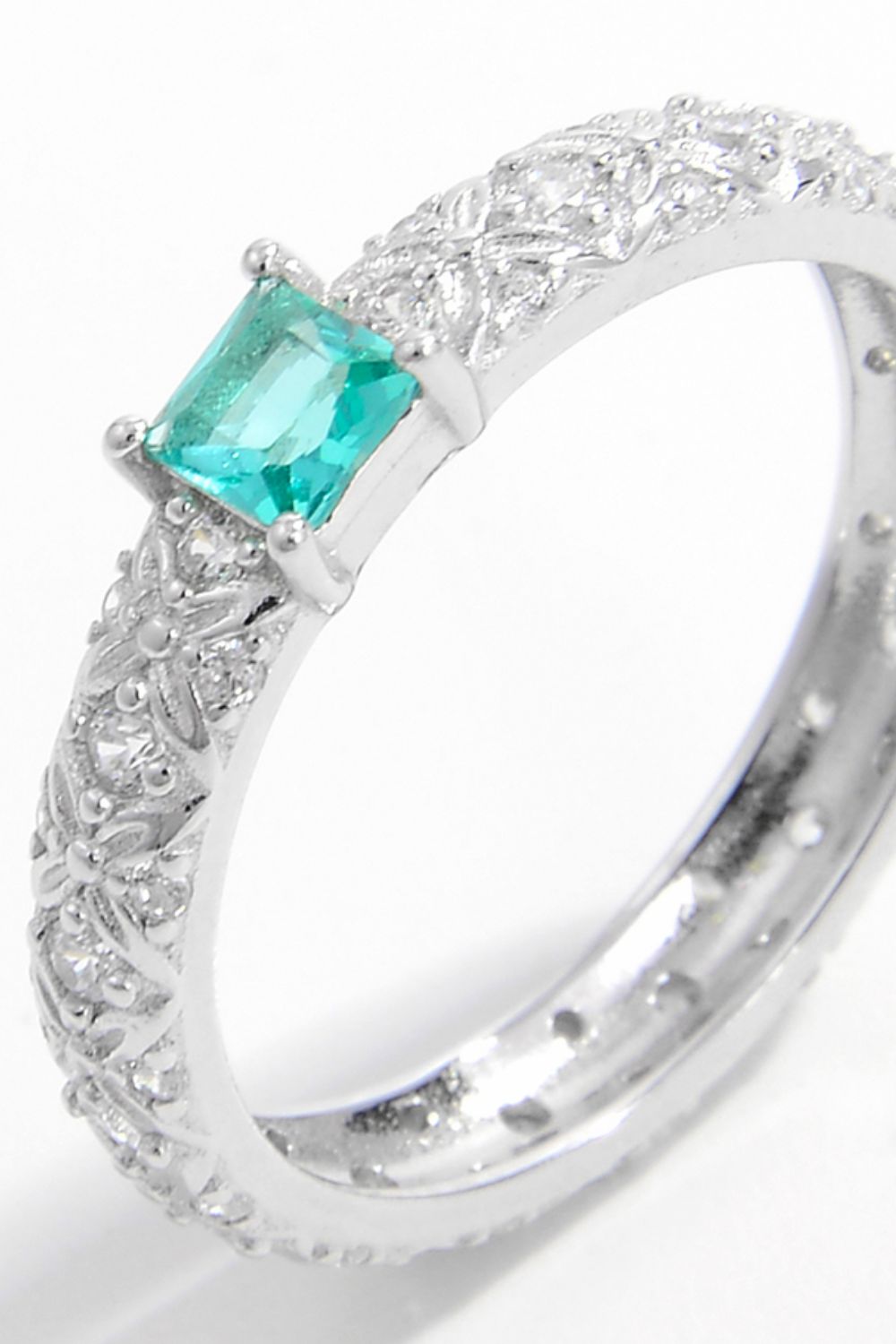 Beach Rose Co. - Silver Square Aqua Zircon Band Ring