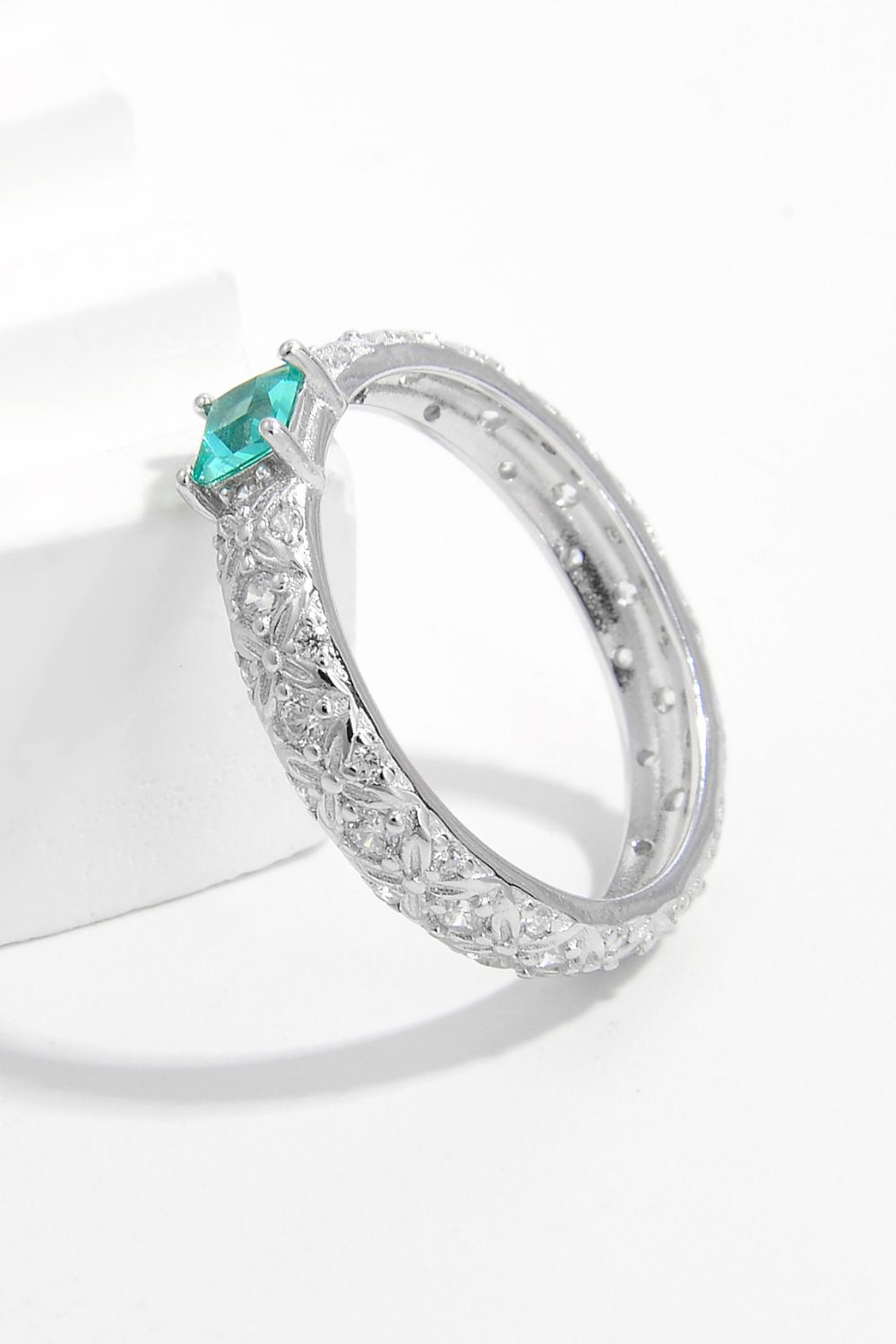 Beach Rose Co. - Silver Square Aqua Zircon Band Ring