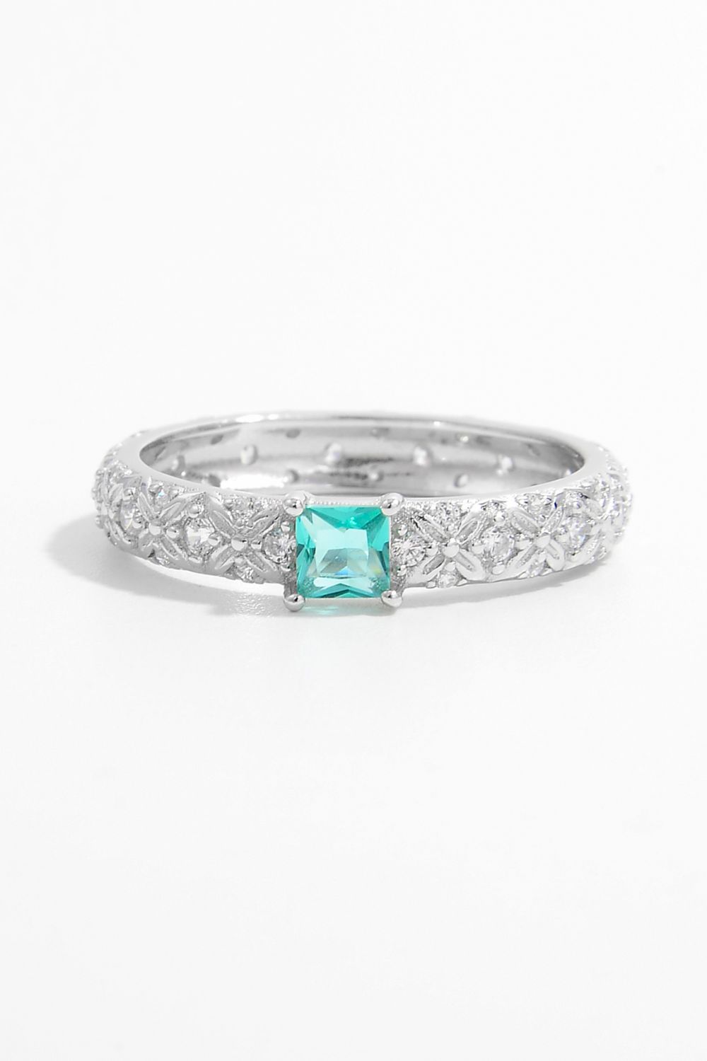 Beach Rose Co. - Silver Square Aqua Zircon Band Ring