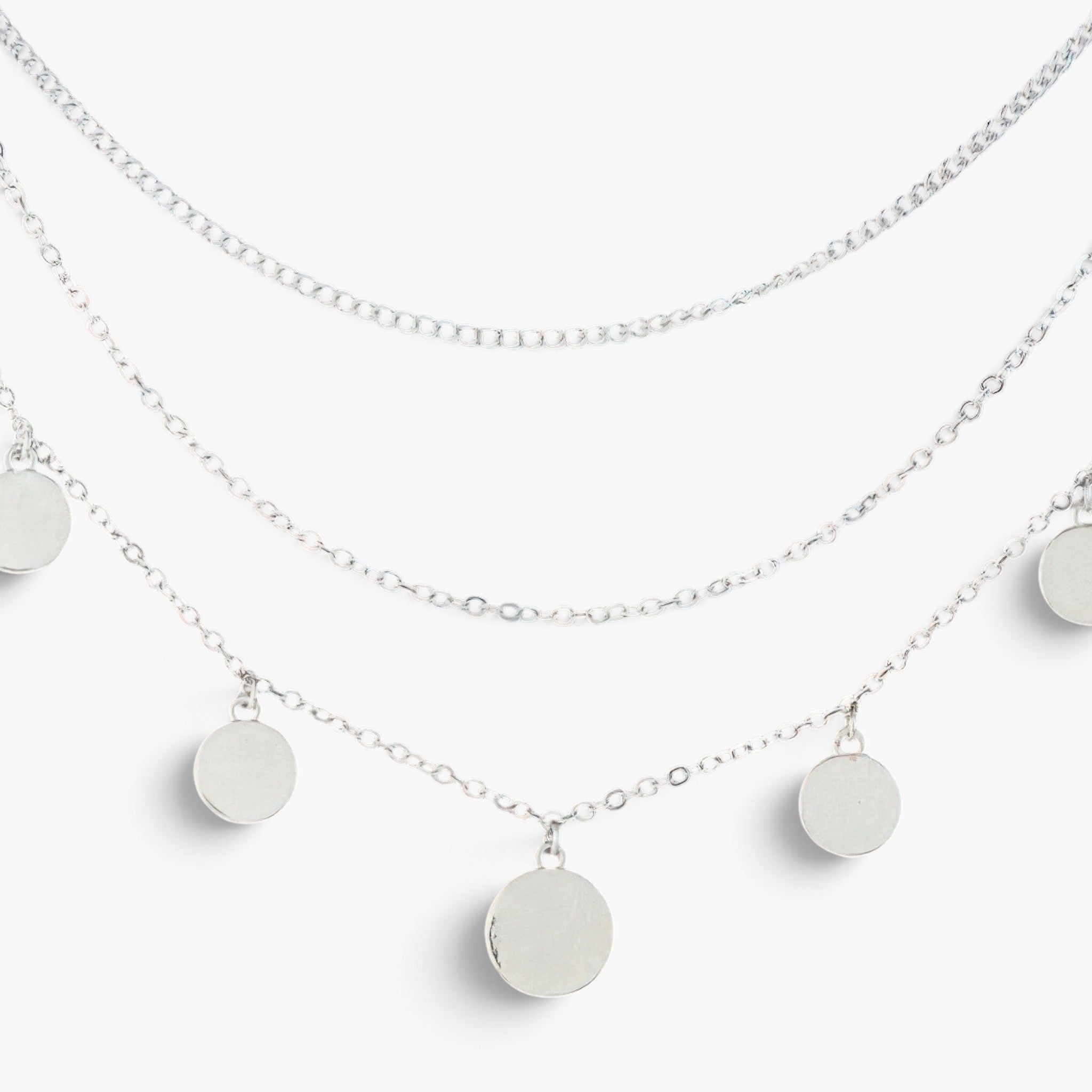 Beach Rose Co. silver triple round charm chain necklace with delicate minimalist discs on a fine polished metal chain