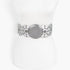 Beach Rose Co. silver faux leather western belt with multi eyelets and a large ornate round buckle on a mannequin