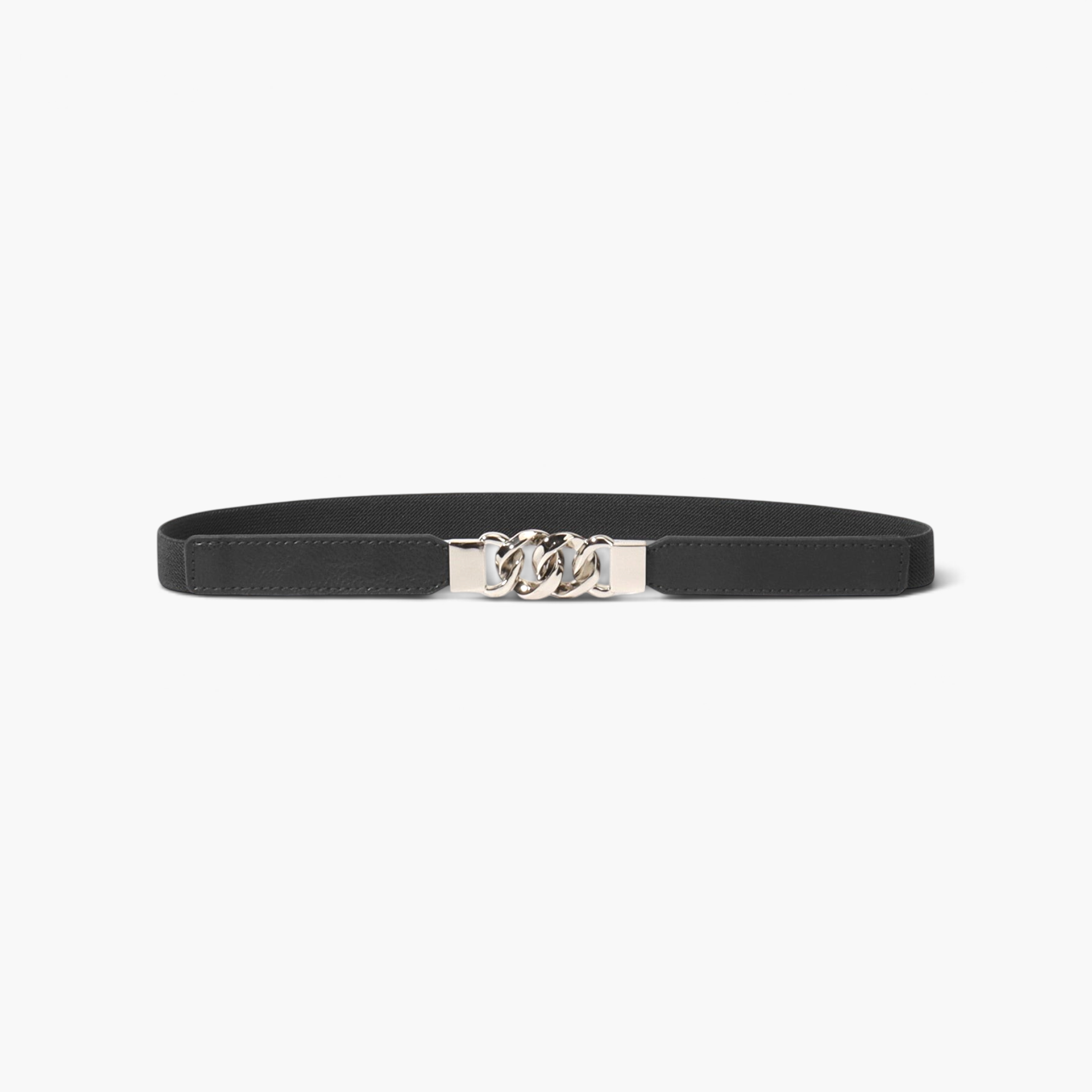 Beach Rose Co. slim black stretch waist belt featuring stitched PU panels and a silver-tone chain-link buckle.