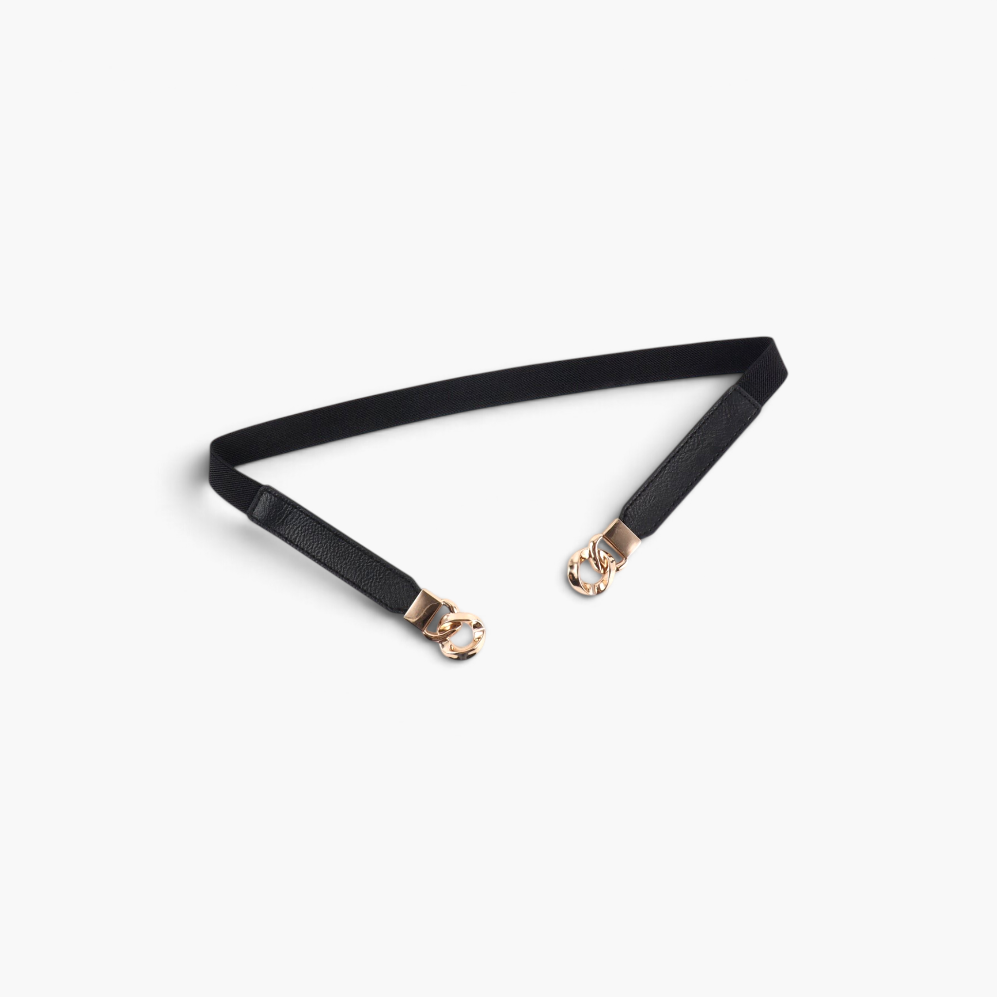 Beach Rose Co. slim black stretch waist belt featuring stitched PU panels and a gold-tone chain-link buckle.