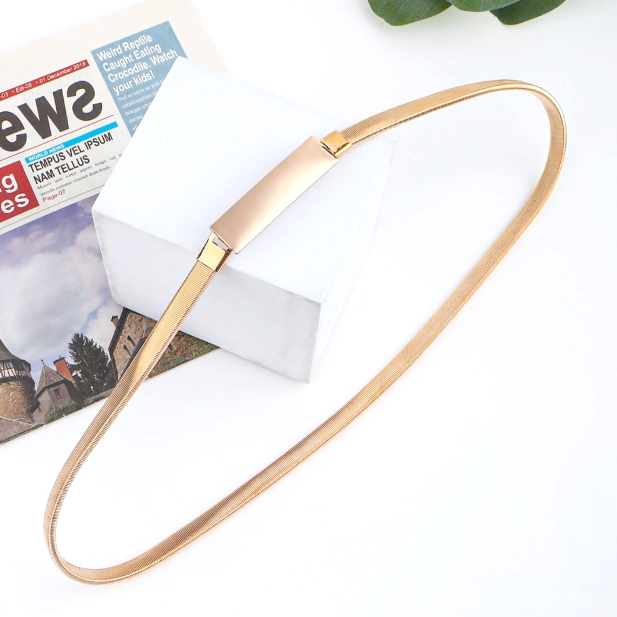 Beach Rose Co. slim gold-tone iron waist belt with a polished rectangular clasp and a finely ridged metal band.