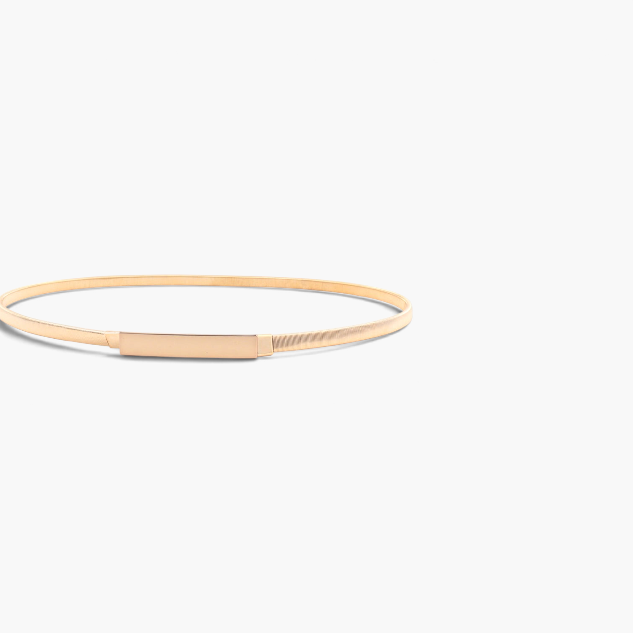 Beach Rose Co. slim iron waist belt with a finely ridged gold-tone band and a polished rectangular front clasp.
