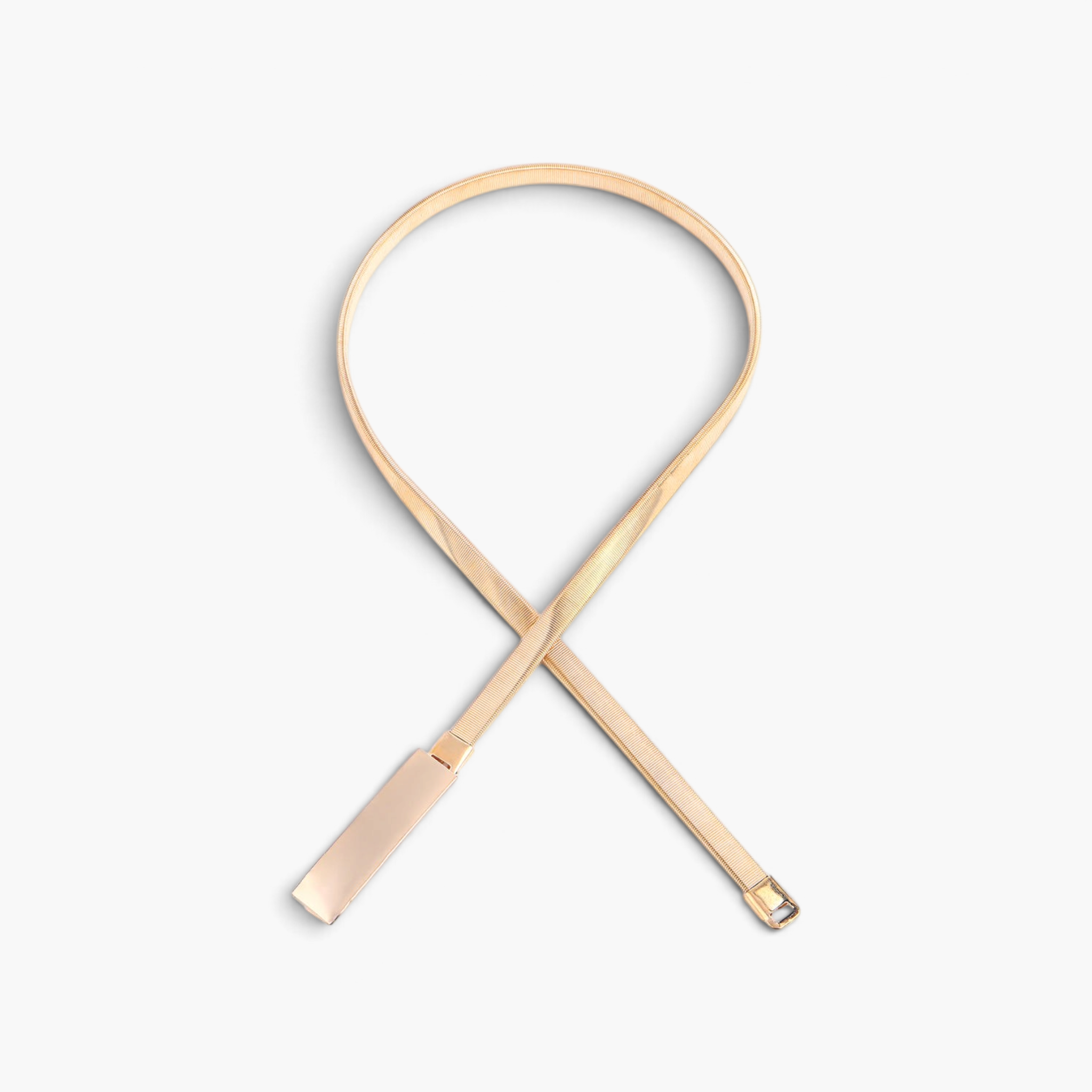 Beach Rose Co. slim gold-tone iron waist belt with a textured band and a polished rectangular front clasp.