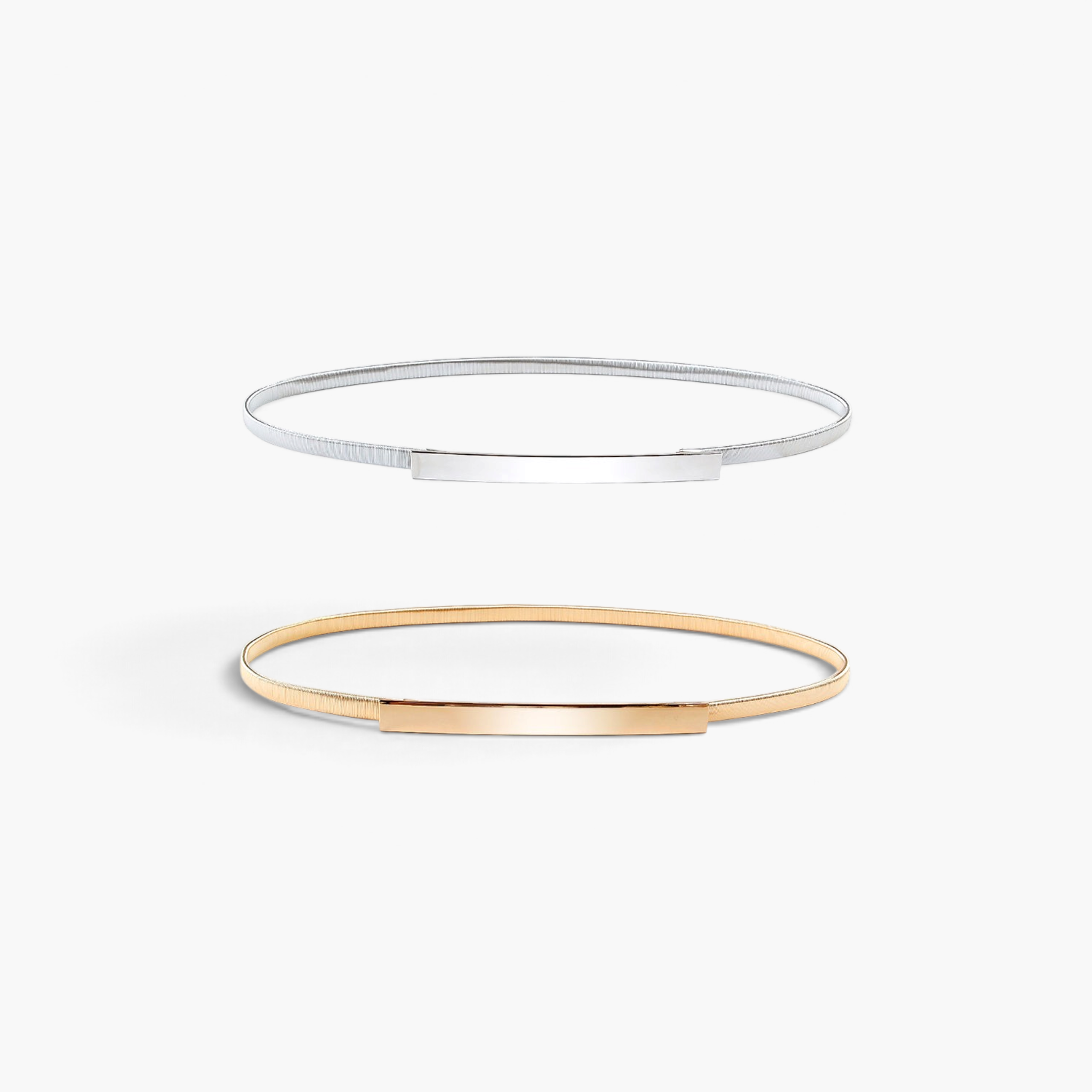 Beach Rose Co. slim iron waist belts in silver and gold with ridged bands and polished rectangular front clasps.