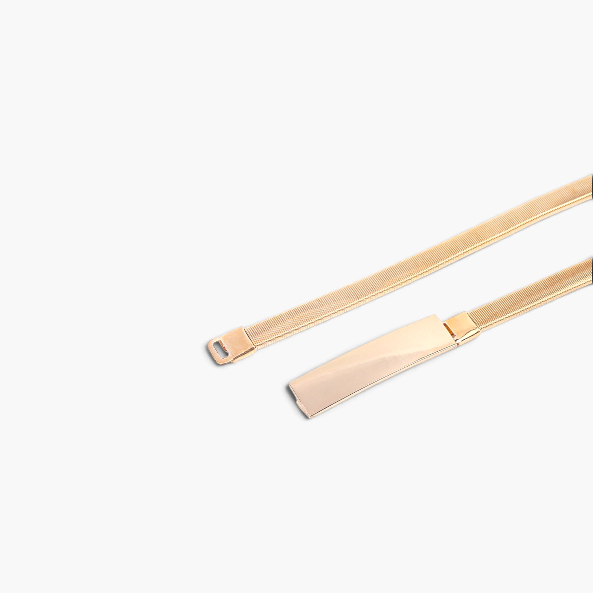 Beach Rose Co. slim gold-tone iron waist belt featuring a finely ridged band and a polished rectangular front clasp.