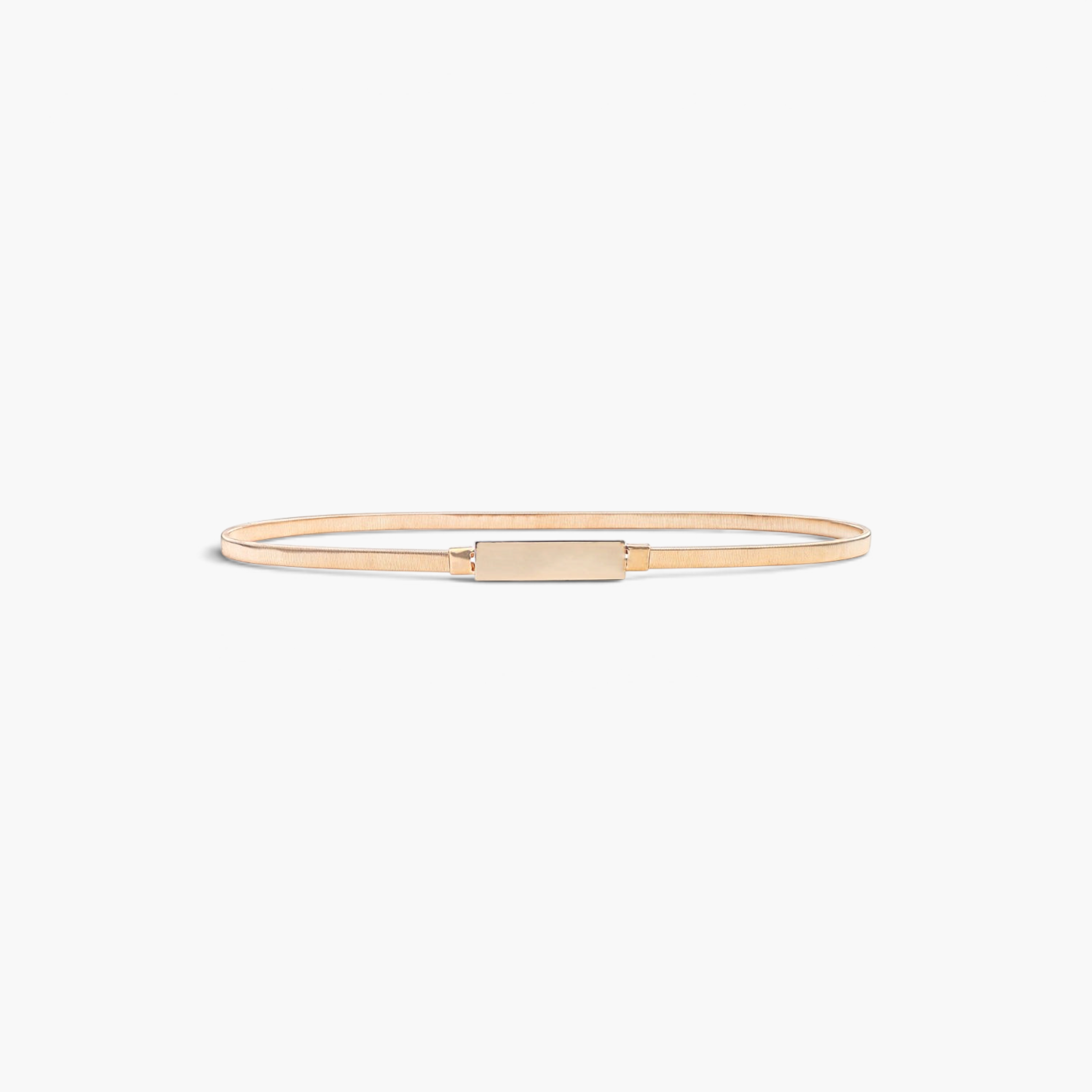 Beach Rose Co. slim gold-tone iron waist belt with a textured band and a polished rectangular front clasp.