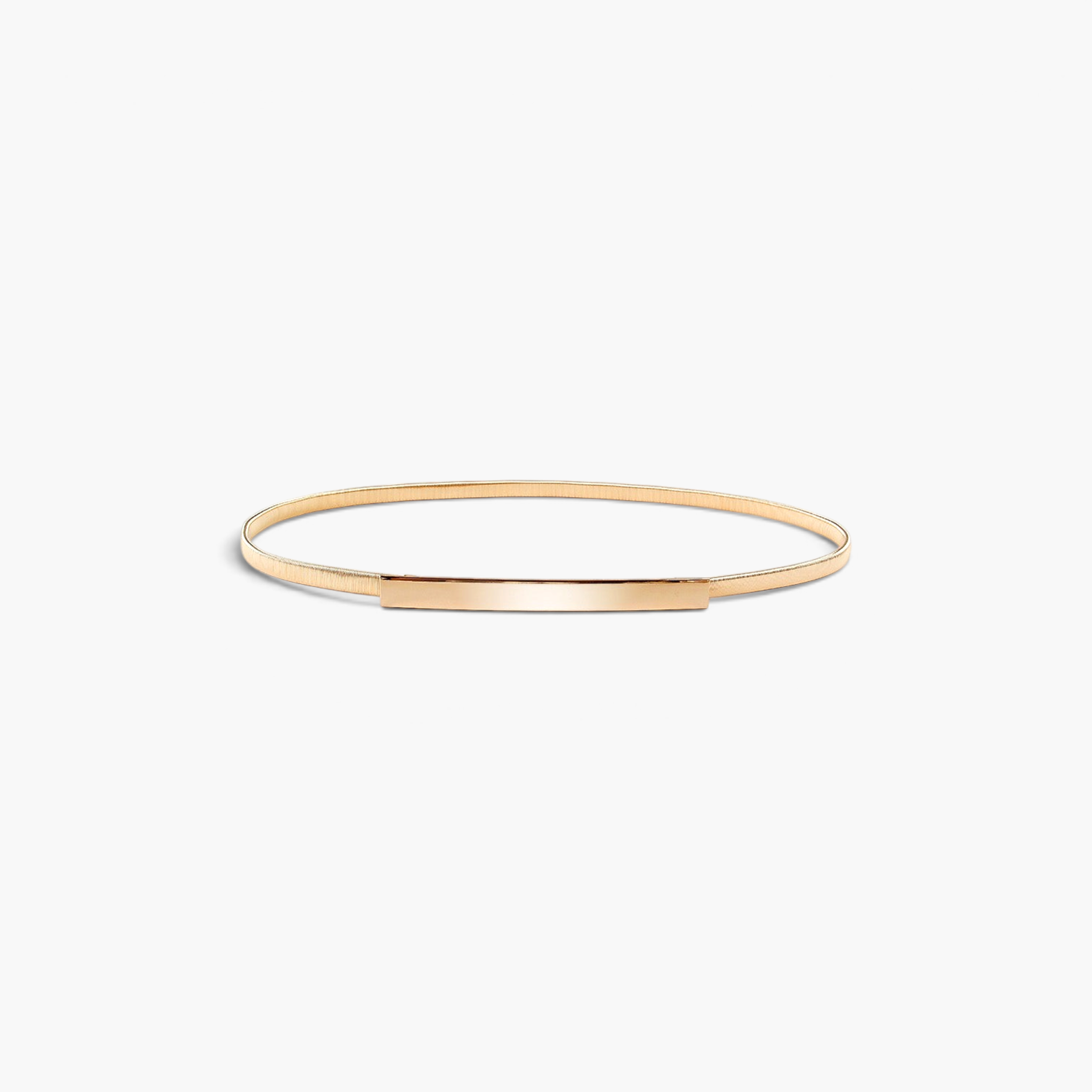 Beach Rose Co. slim iron waist belt with a finely ridged gold-tone band and a polished rectangular front clasp.
