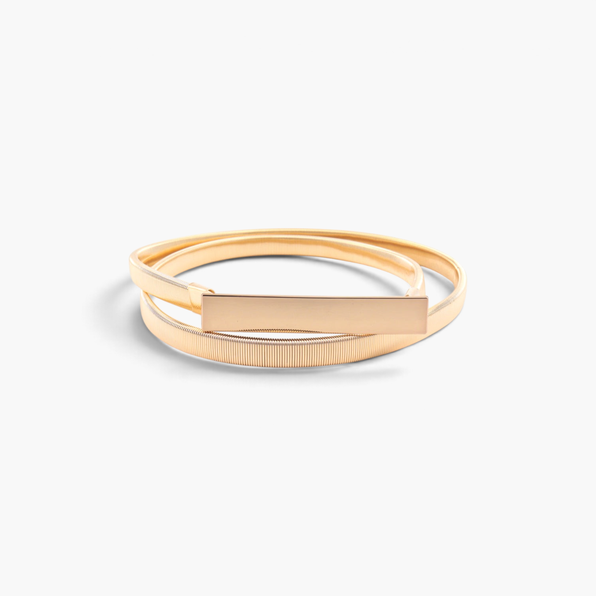Beach Rose Co. slim gold-tone iron waist belt with a finely ridged band and a polished rectangular front clasp.