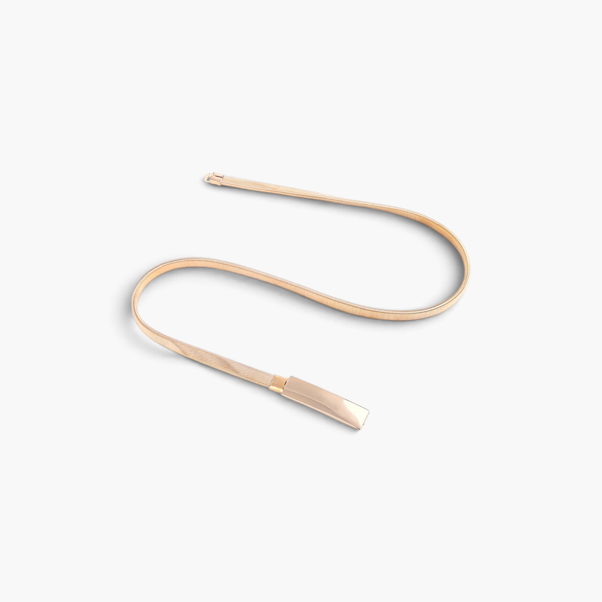 Beach Rose Co. slim iron waist belt with a finely ridged gold-tone band and a polished rectangular front clasp.
