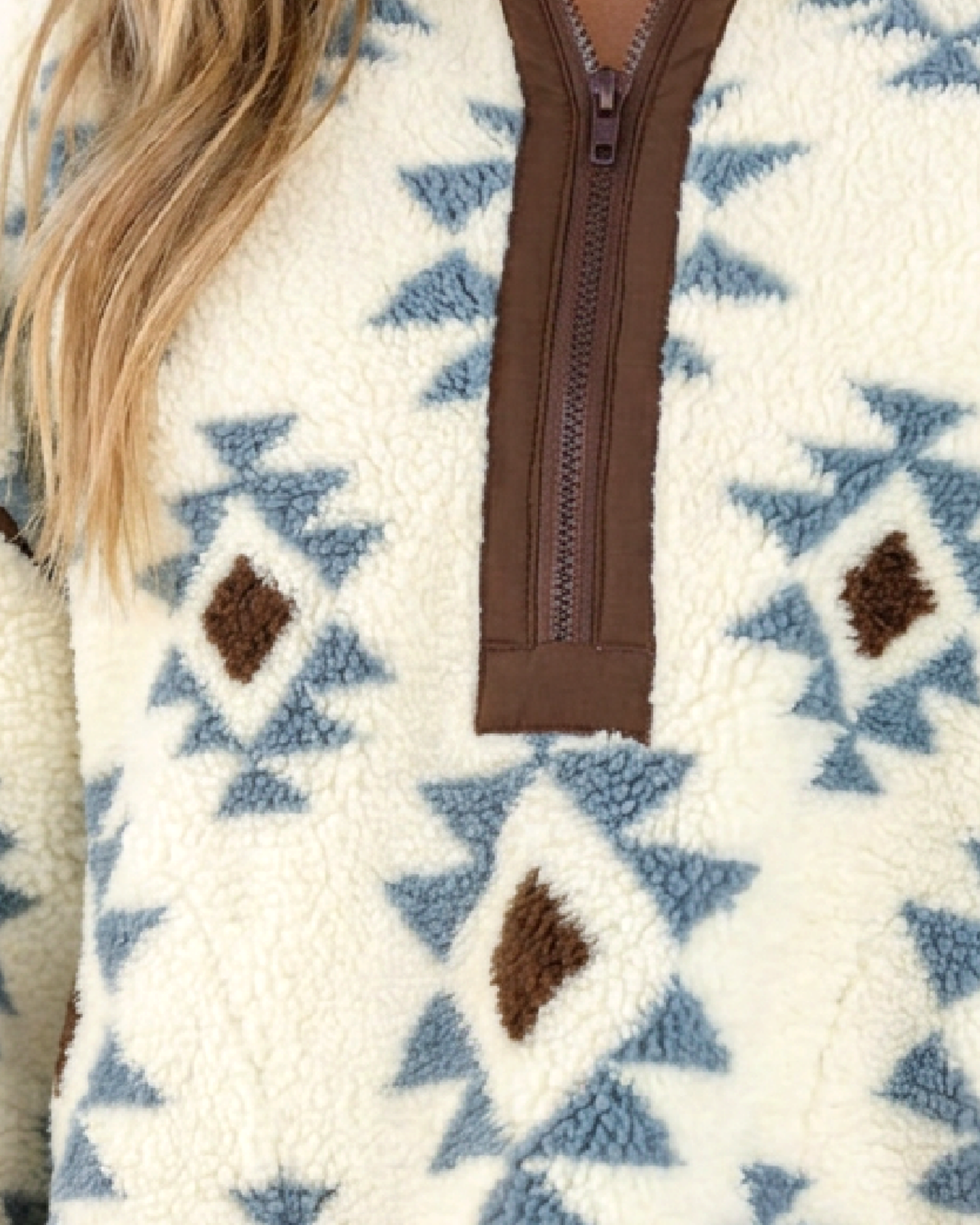 Beach Rose Co. cream plush fleece pullover with blue and brown Southwestern geometric print and half-zip collar