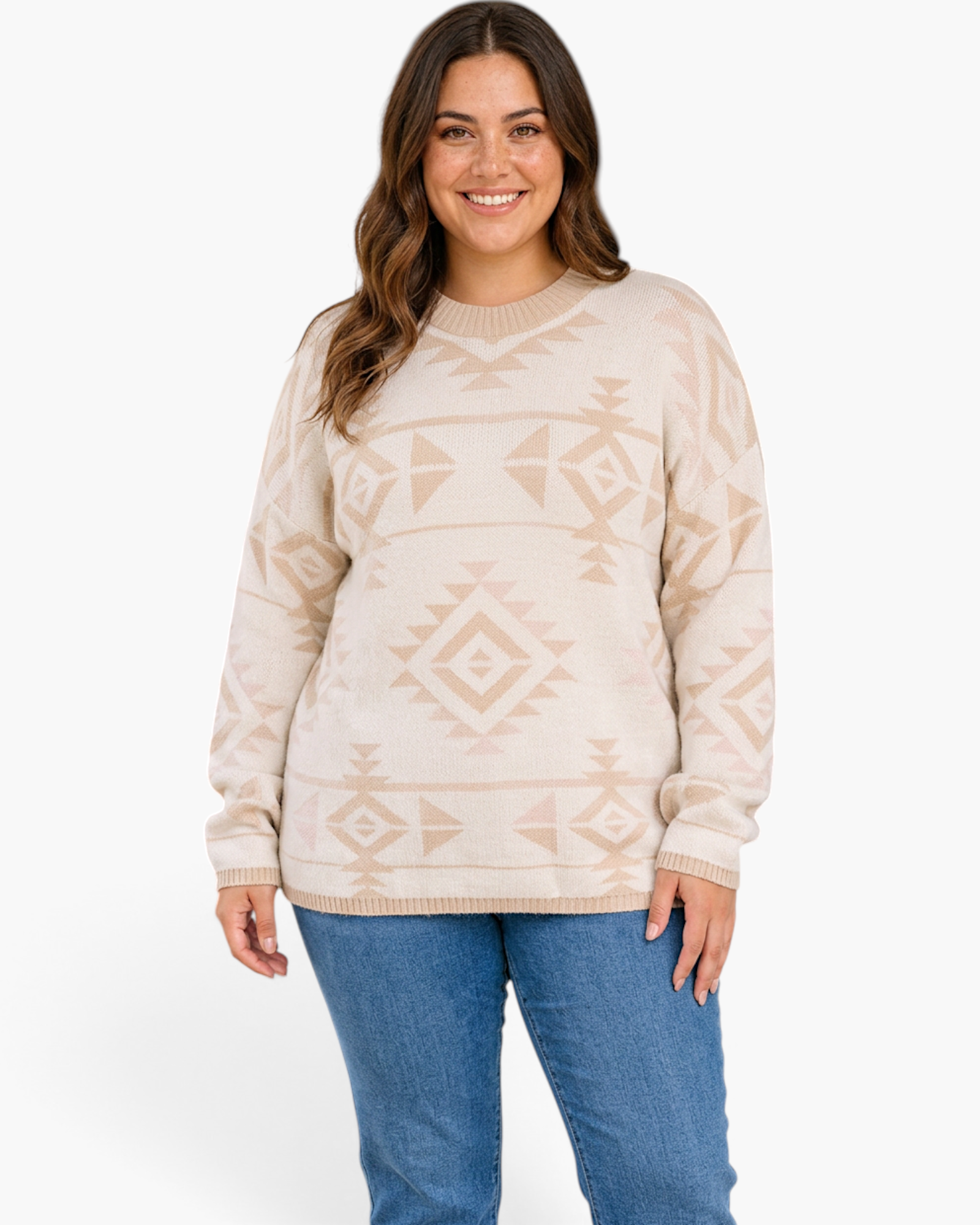 Beach Rose Co. plus-size ivory sweater with blush and beige Southwestern geometric print and ribbed crew neckline