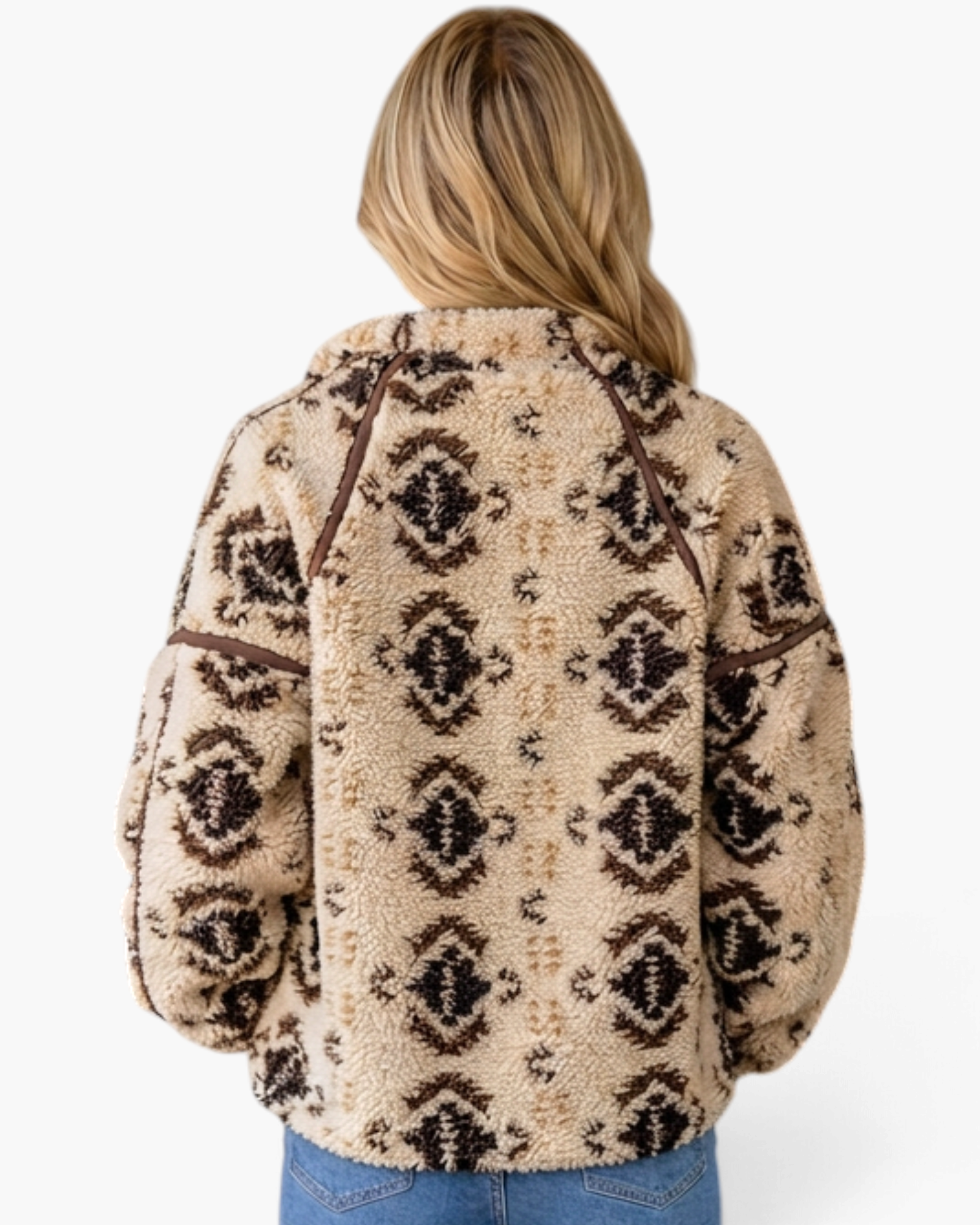 Back view of a Beach Rose Co. cream and brown Southwestern print sherpa pullover with brown contrast seam detailing.