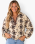 Beach Rose Co. cream and brown Southwestern print sherpa pullover with a half-zip neckline and contrast seam details.