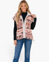 Beach Rose Co. rust and cream southwestern print sherpa vest with snap front and side ties worn by a smiling model.