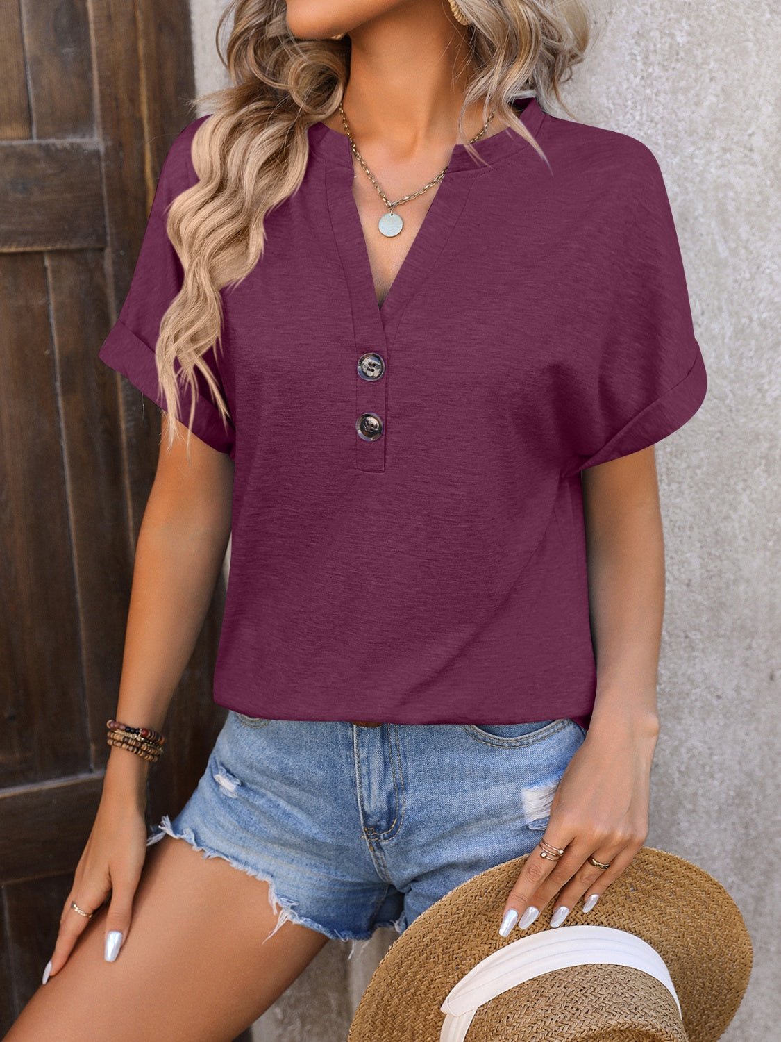 Beach Rose Co. - Split Neck Button Detail Short Sleeve T-Shirt