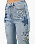 Beach Rose Co. high-rise dad jeans in light wash denim featuring frayed star and heart patchwork details.