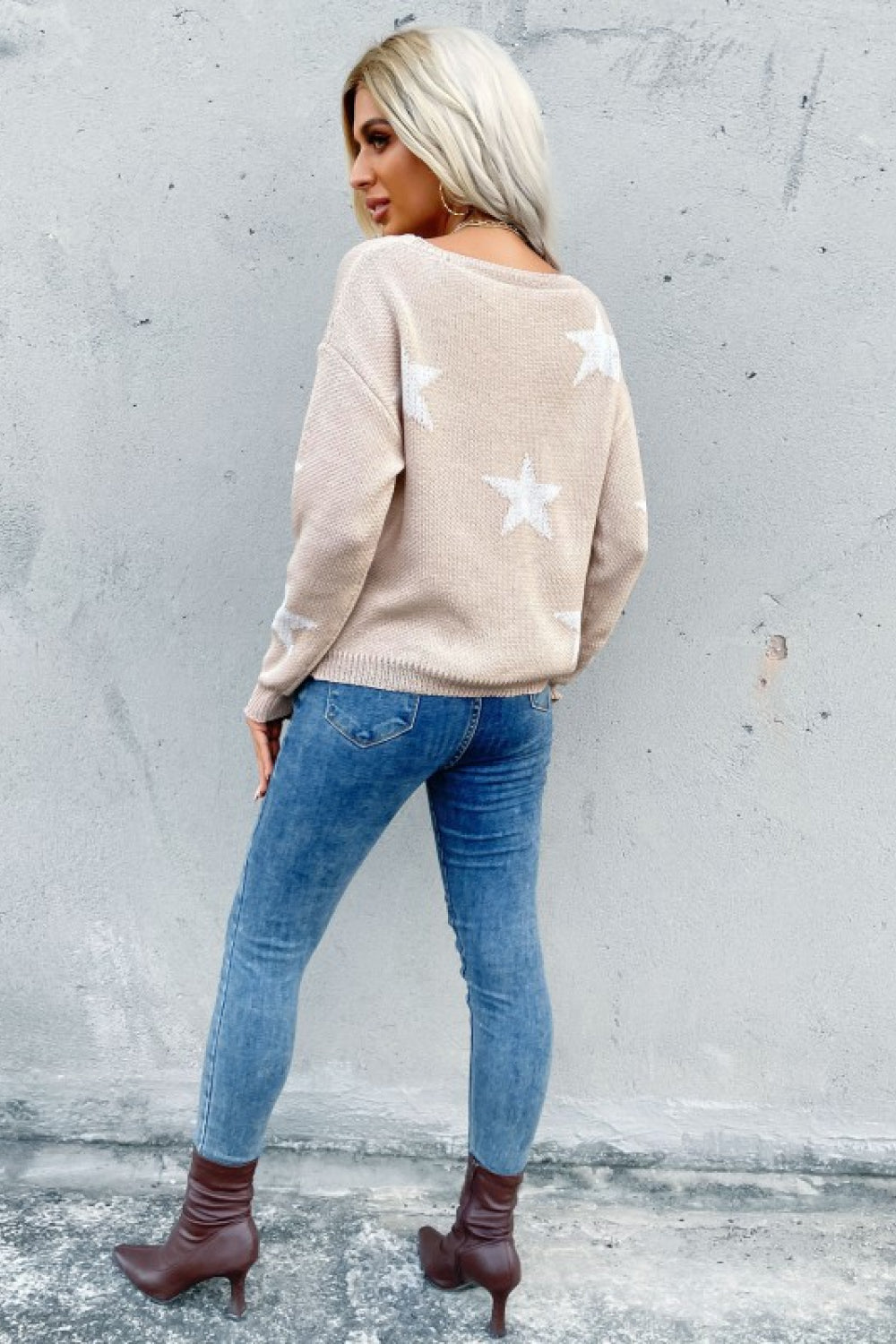 Beach Rose Co. - Star Pattern Drop Shoulder Sweater in Khaki