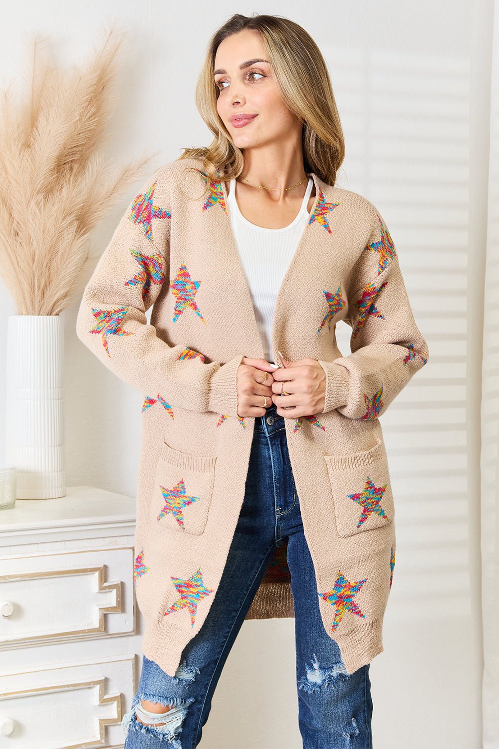 Beach Rose Co. - Star Pattern Open Front Longline Cardigan in Mocha