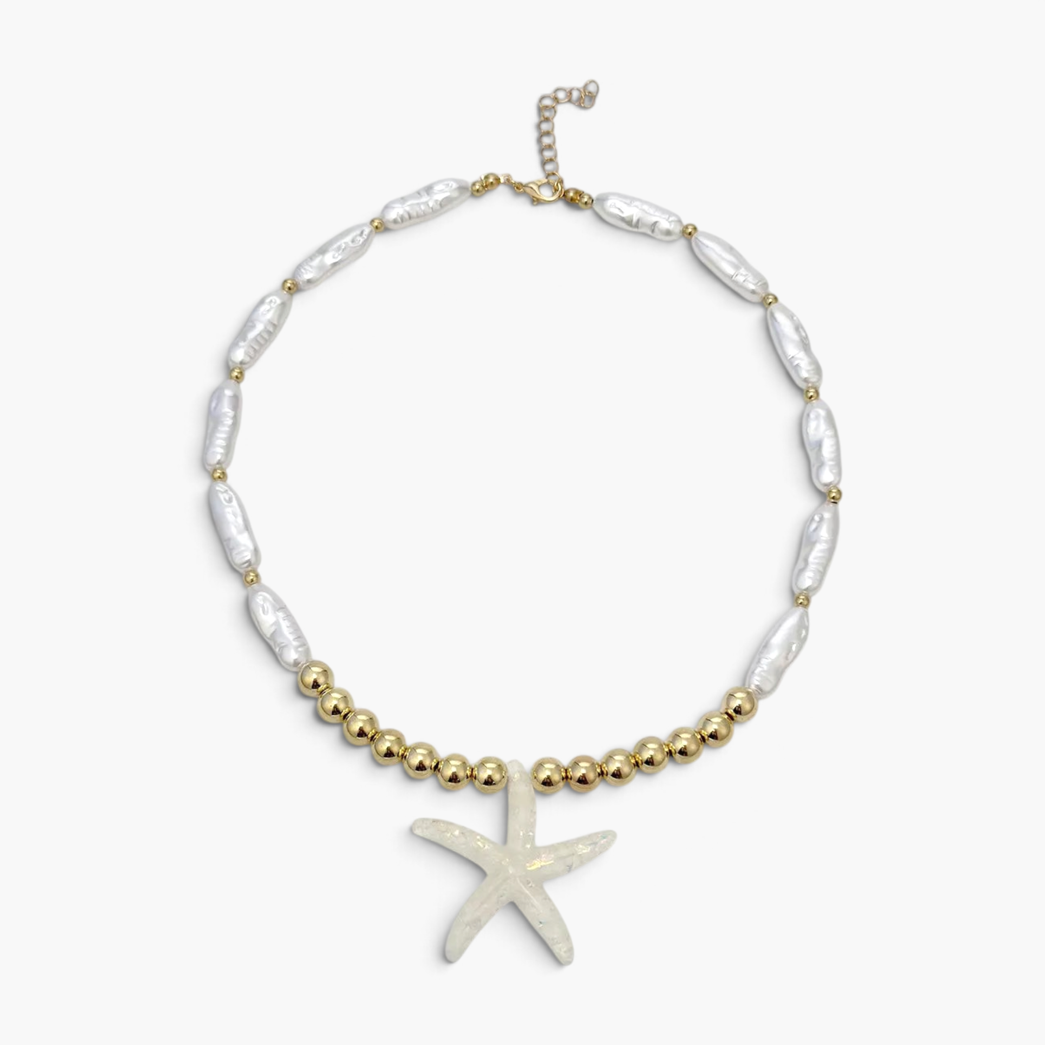 Beach Rose Co. 18K gold-plated necklace featuring elongated faux pearls, polished gold beads, and a white starfish charm