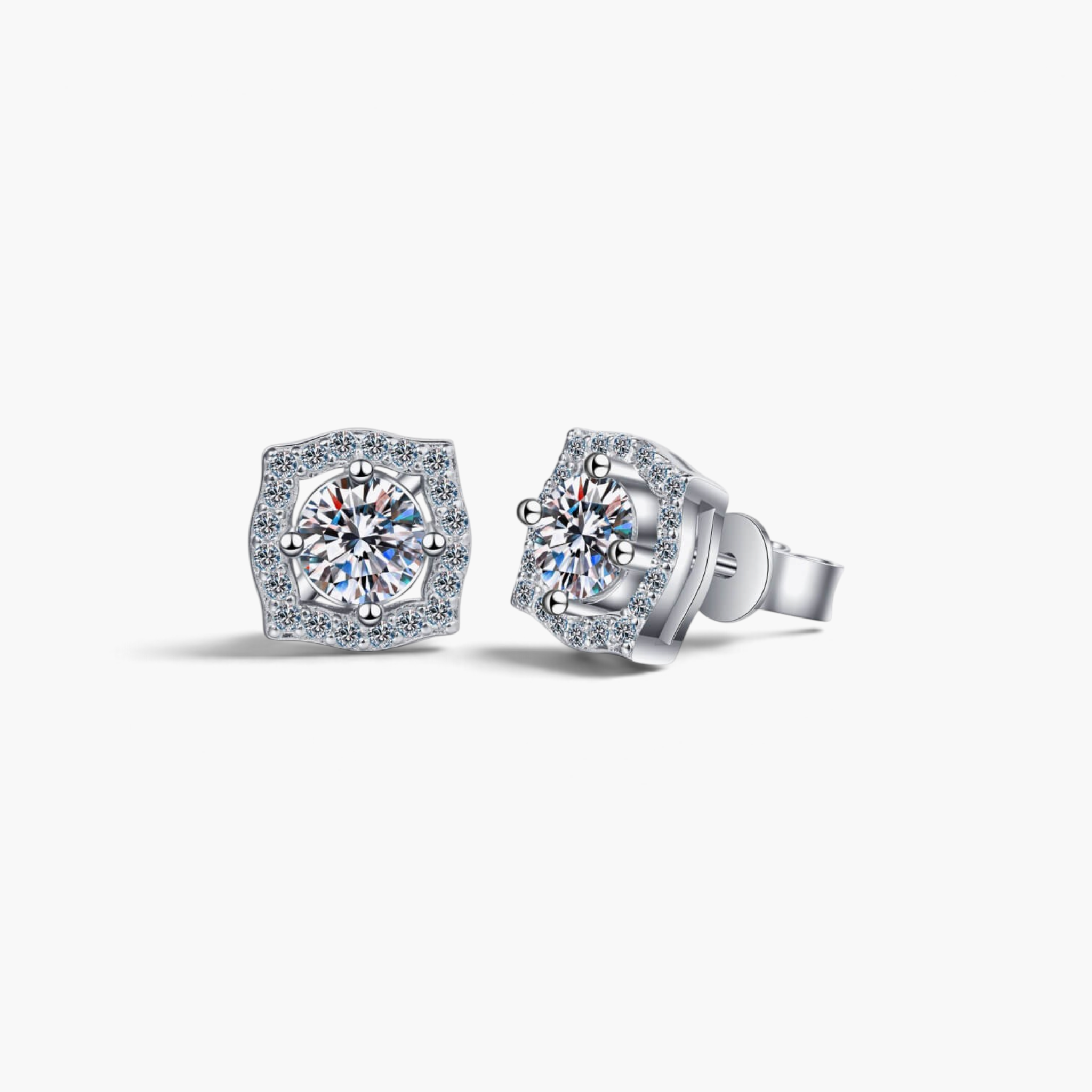 Beach Rose Co. sterling silver geometric halo stud earrings with round moissanite and zircon accents.