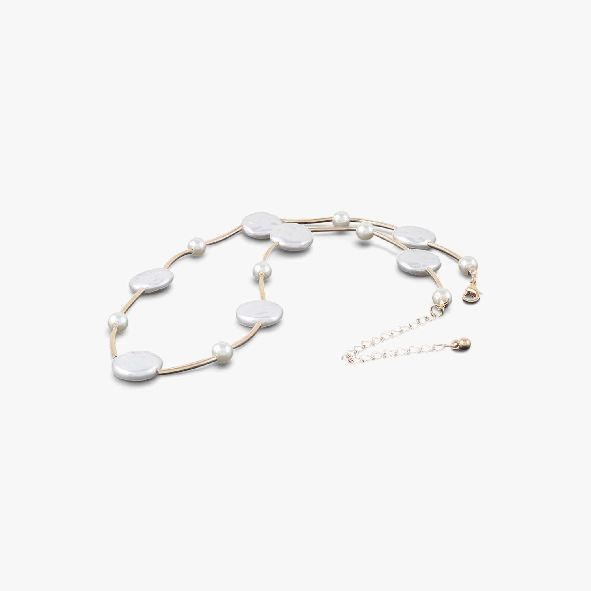Beach Rose Co. Modern Stone Beaded Charm Necklace in gold cream with polished flat stones and delicate metal accents.