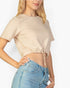 Beach Rose Co. stone-colored French Terry crop top with an adjustable toggle drawstring hem worn by a blonde model.