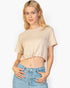Beach Rose Co. stone-colored French Terry crop top with an adjustable toggle drawstring hem worn by a blonde model.