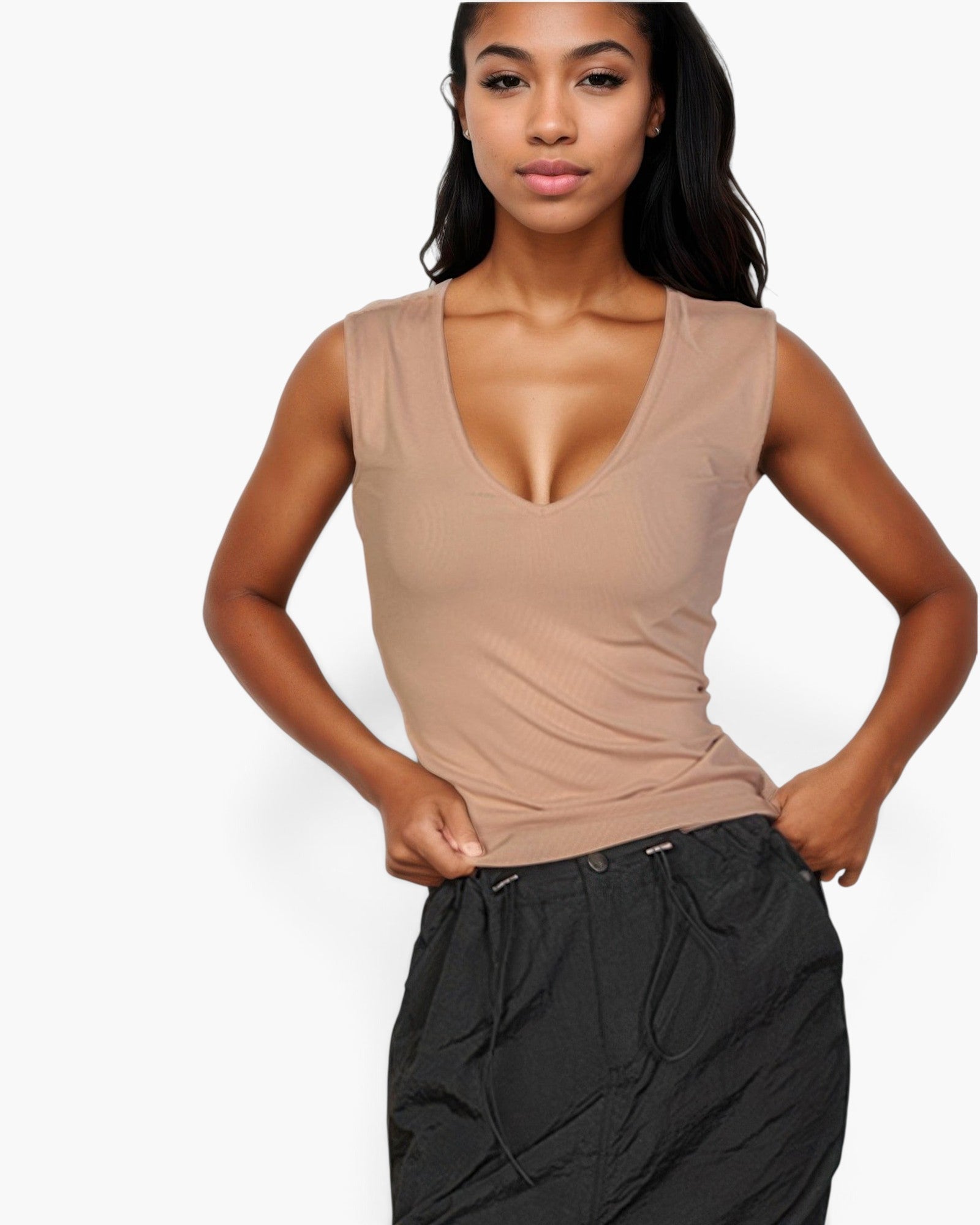 Beach Rose Co. stone ribbed V-neck sleeveless top worn by a model with dark hair against a plain white background.