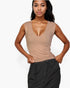 Beach Rose Co. stone ribbed V-neck sleeveless top worn by a model with dark hair against a plain white background.