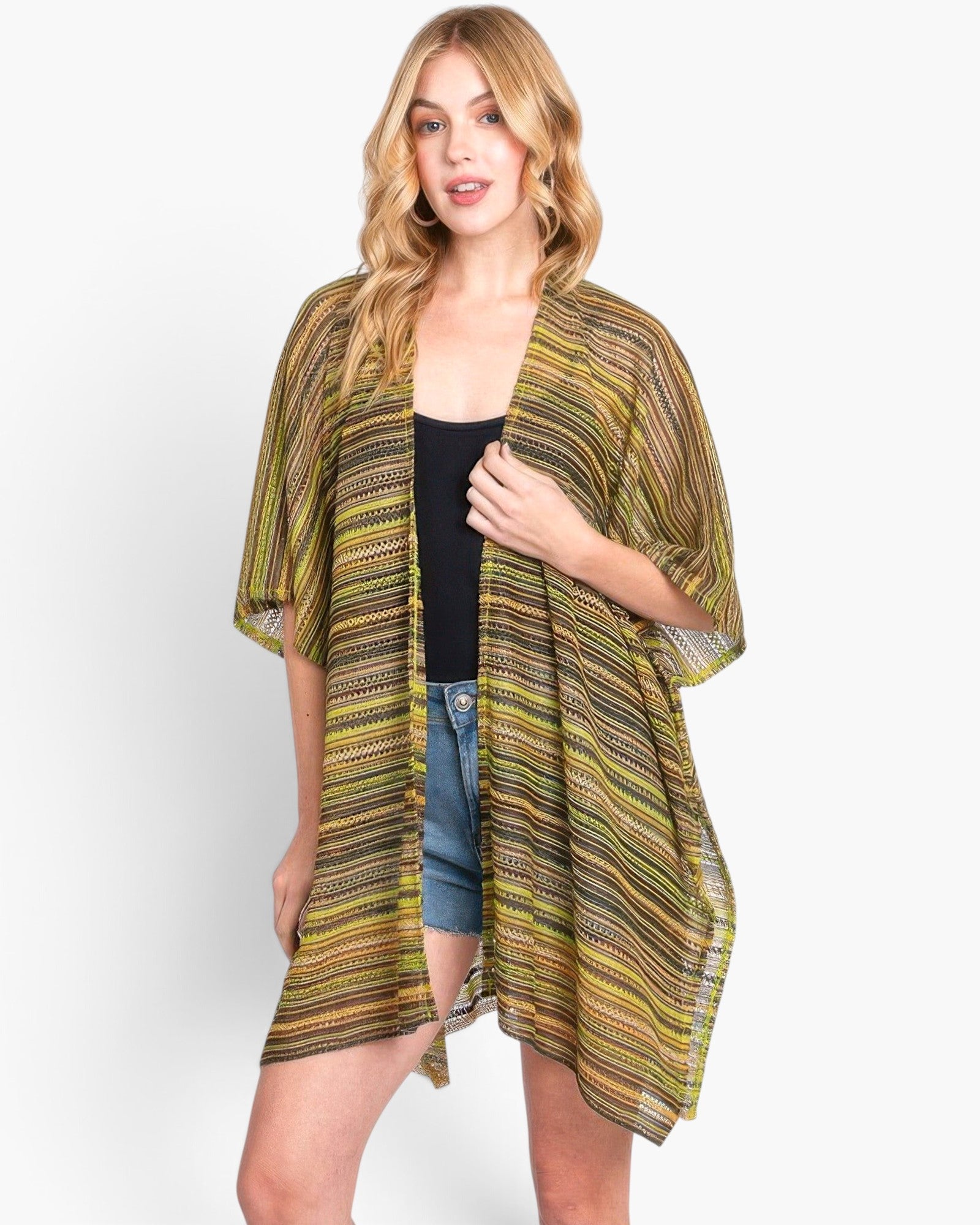 Beach Rose Co. multi-color stripe crochet open front cover-up worn by a blonde model over a black tank and denim shorts