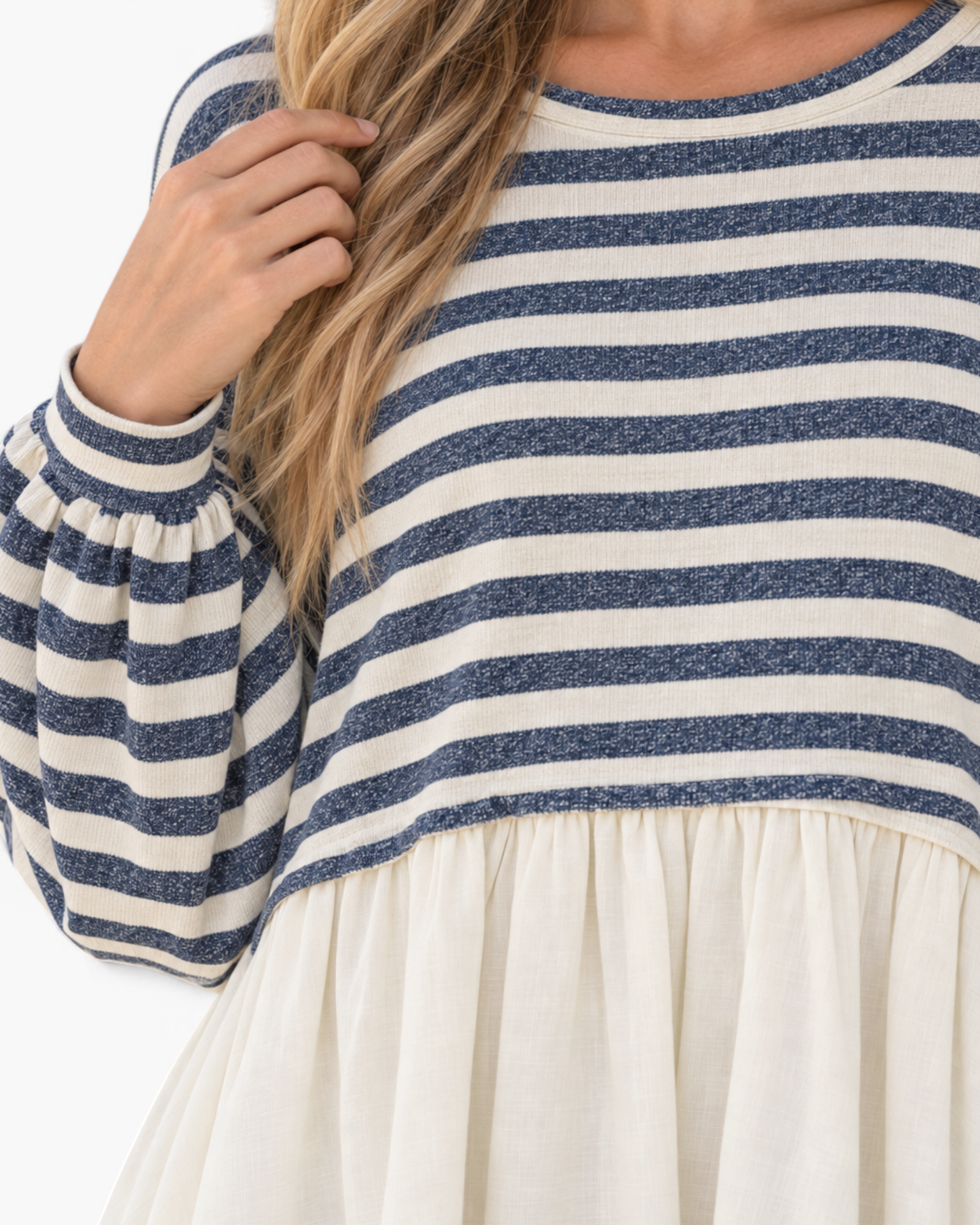 Beach Rose Co. navy and ivory striped babydoll mini dress with long billowy sleeves and a gathered skirt