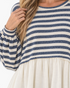 Beach Rose Co. navy and ivory striped babydoll mini dress with long billowy sleeves and a gathered skirt