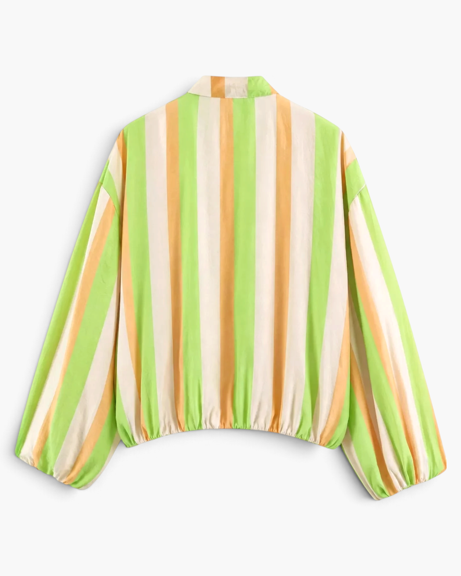 Beach Rose Co. striped polyester zip-up jacket with balloon sleeves and elasticized hem, back view.