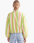 Back view of Beach Rose Co. striped zip-up jacket with balloon sleeves and elasticized hem on a woman.
