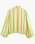 Beach Rose Co. striped polyester zip-up jacket with balloon sleeves and elasticized hem, back view.