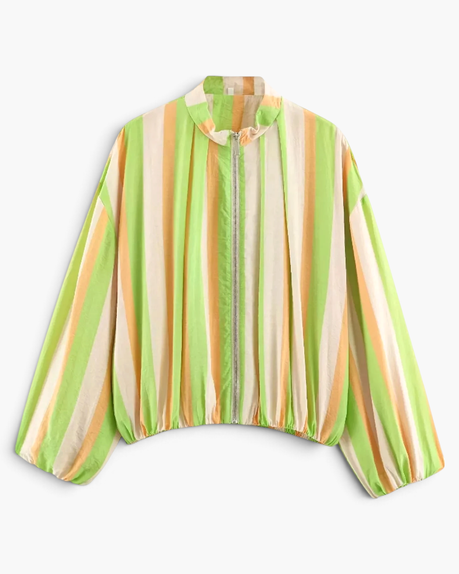 Beach Rose Co. zip-up jacket in a green and orange vertical stripe pattern with voluminous balloon sleeves.