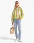 Beach Rose Co. striped zip-up jacket with balloon sleeves, stand collar, and elasticized hem in green and orange.
