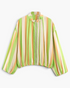 Beach Rose Co. zip-up jacket in a green and orange vertical stripe pattern with voluminous balloon sleeves.