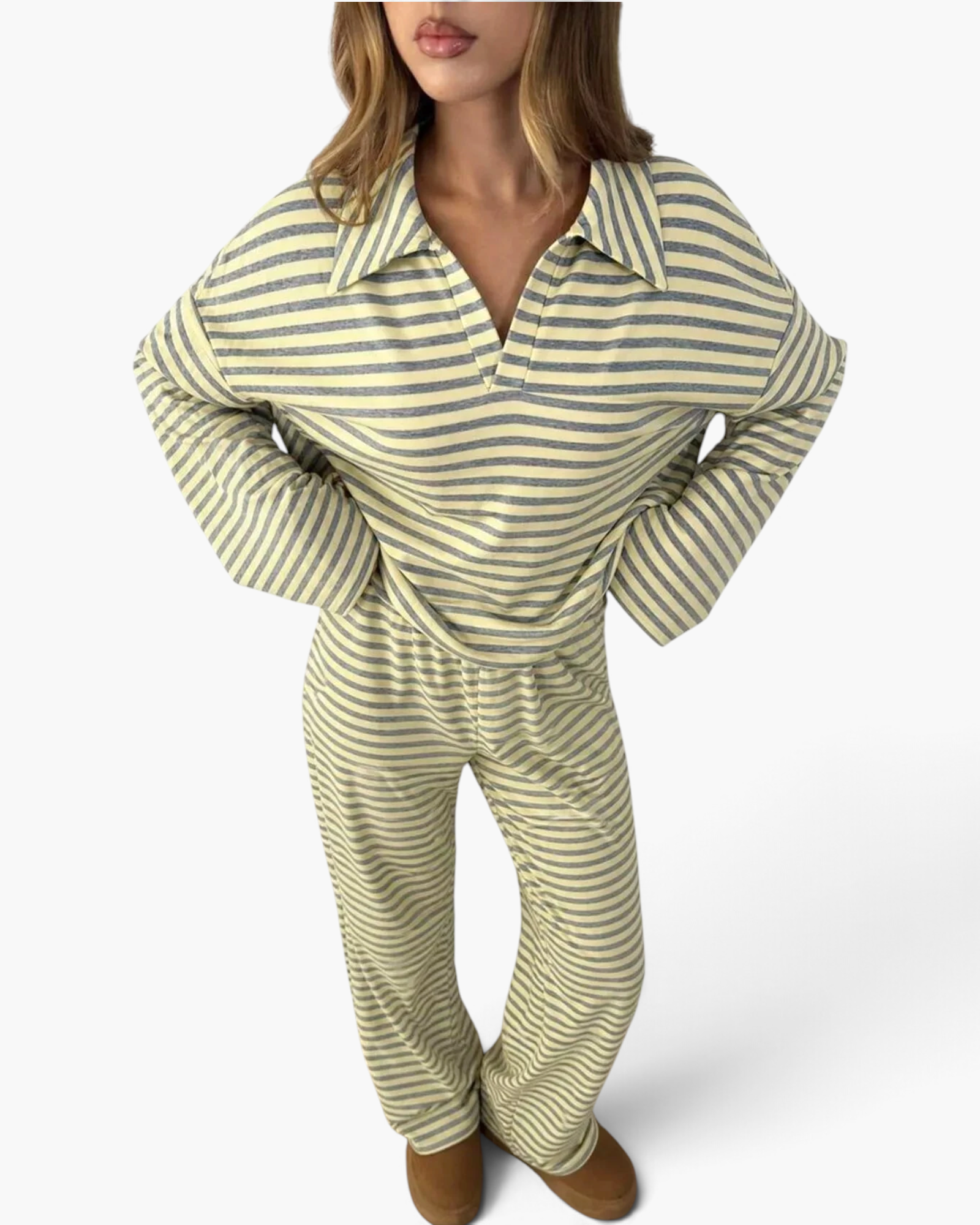Beach Rose Co. striped two-piece set with a collared V-neck pullover and wide-leg pants in yellow and grey polyester.