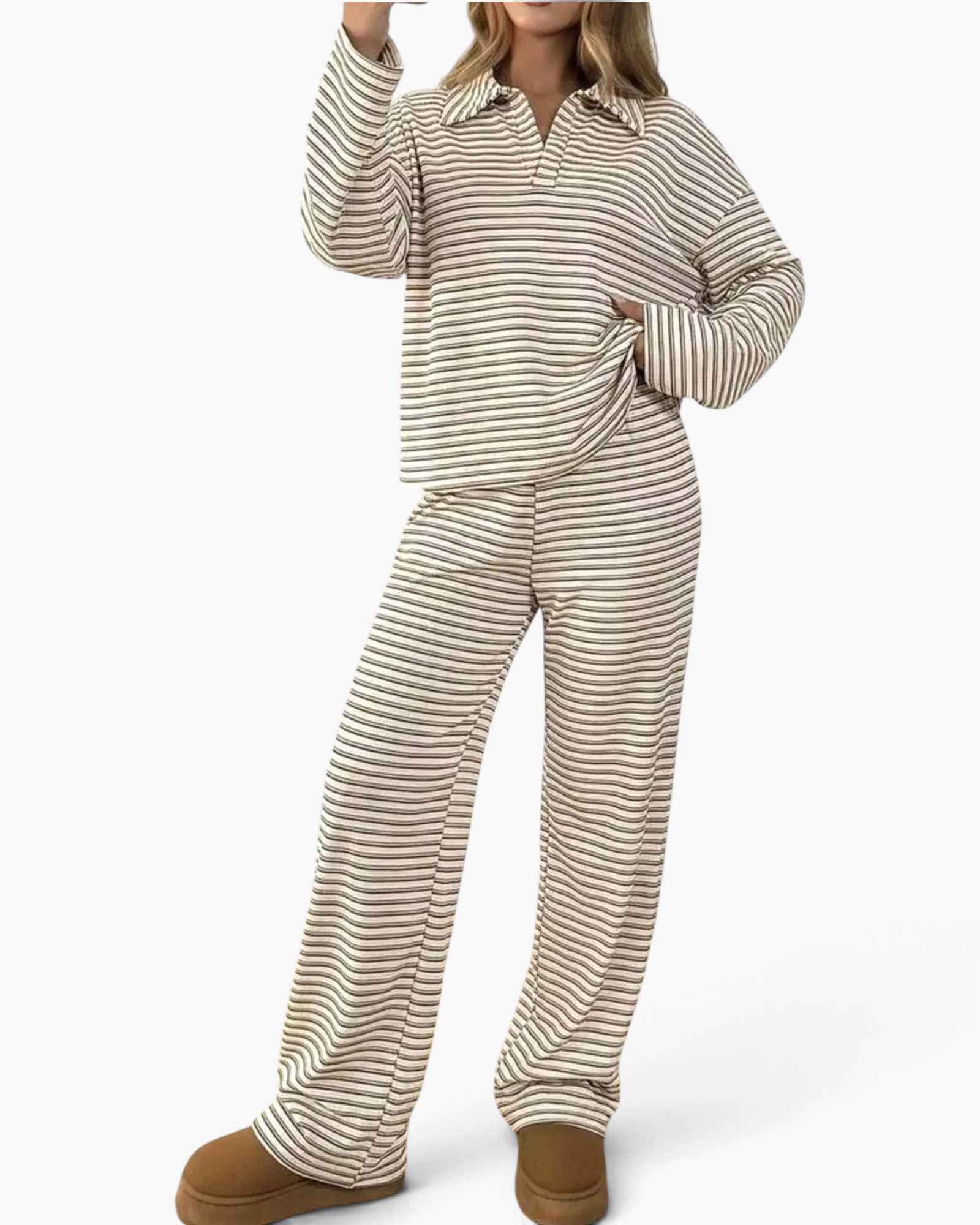 Beach Rose Co. striped two-piece set with a collared V-neck pullover and wide-leg pants in soft polyester.