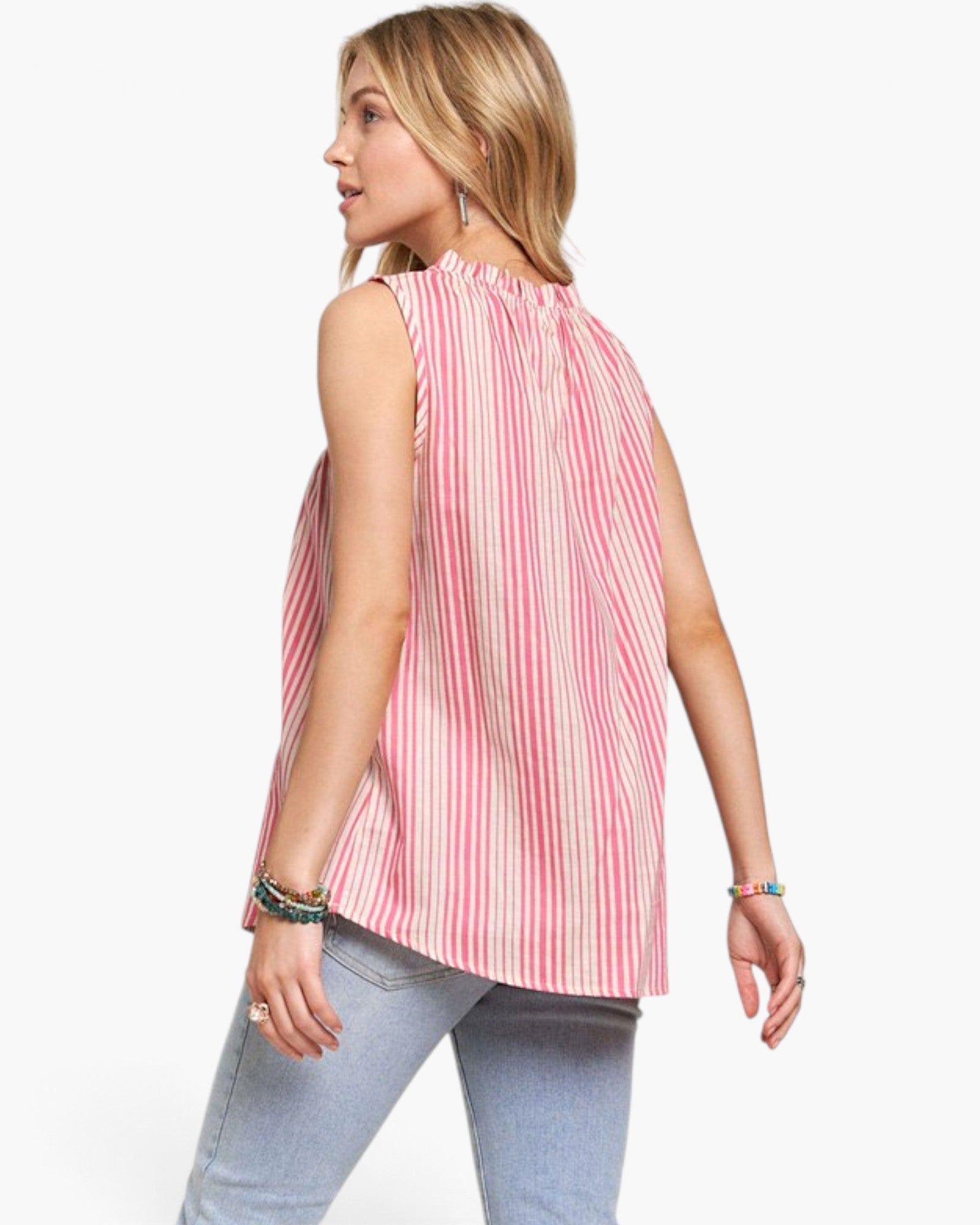 Beach Rose Co. sleeveless top in hot pink and ivory vertical stripes with a gathered ruffled neckline