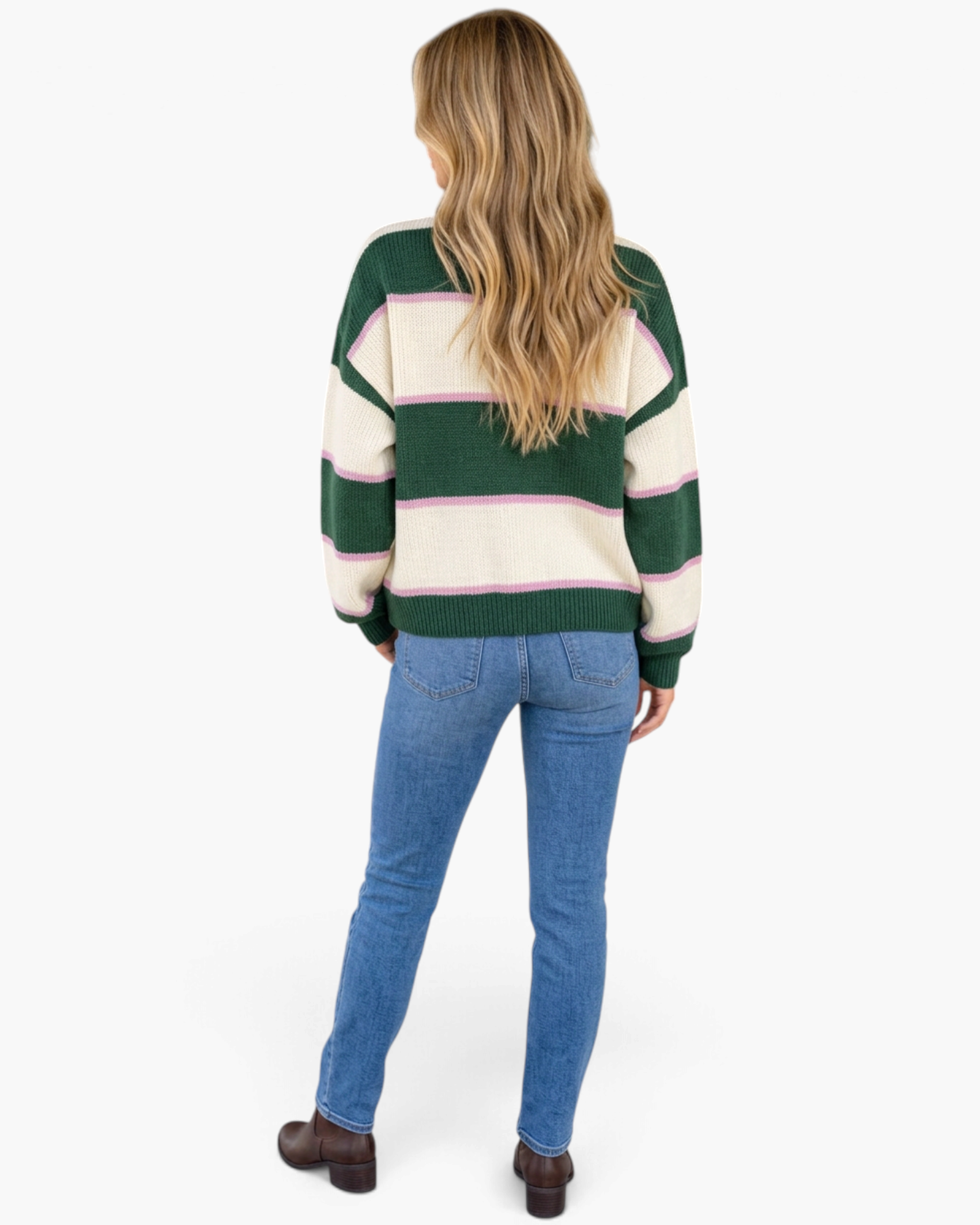 Beach Rose Co. relaxed fit sweater with forest green, cream, and pink stripes worn with blue jeans, back view