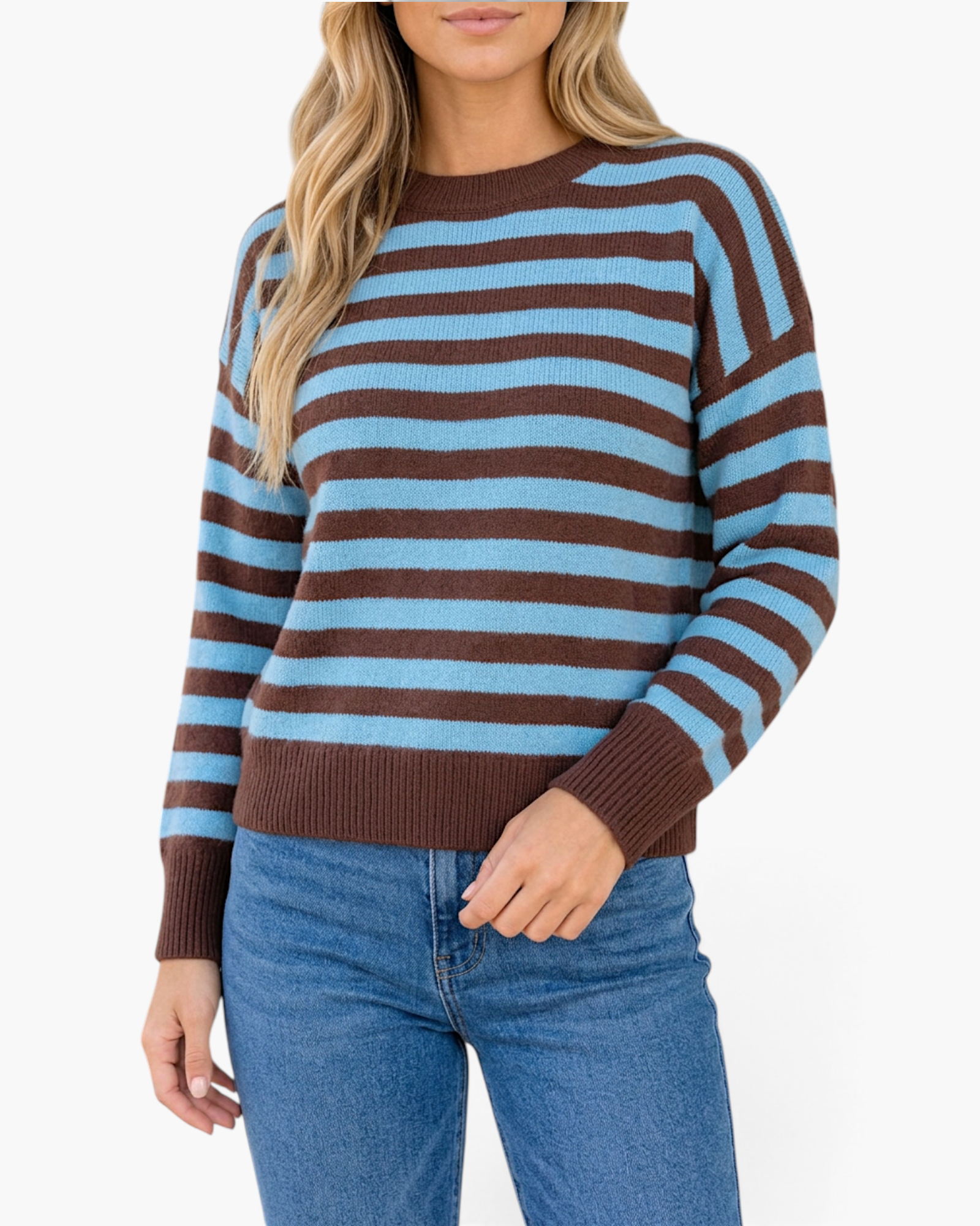 Beach Rose Co. relaxed fit crewneck sweater featuring blue and chocolate brown horizontal stripes with ribbed trim.