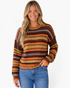 Beach Rose Co. model wearing a brown and orange multicolor striped textured knit crewneck sweater with dropped shoulders